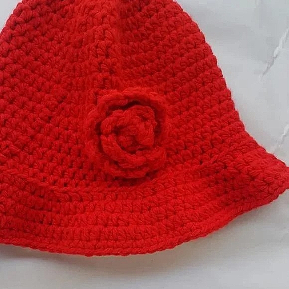 Womens Handmade Crochet Weird Girl Knit Scarlett Red Bell Floppy Bucket Hat - Picture 4 of 6
